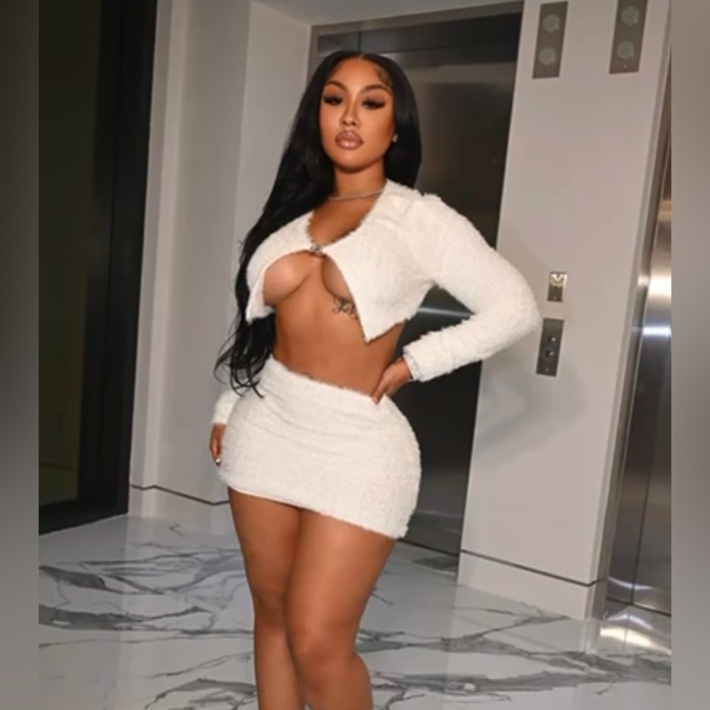 White Furry Long Sleeve Skirt Set SHANE JUSTIN